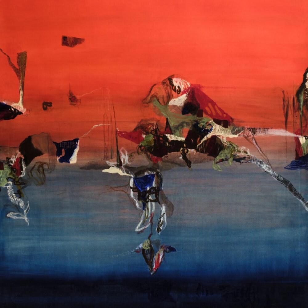 An abstract painting with a red-orange sky and blue lower section depicts surreal, organic shapes, resembling a dreamlike landscape.